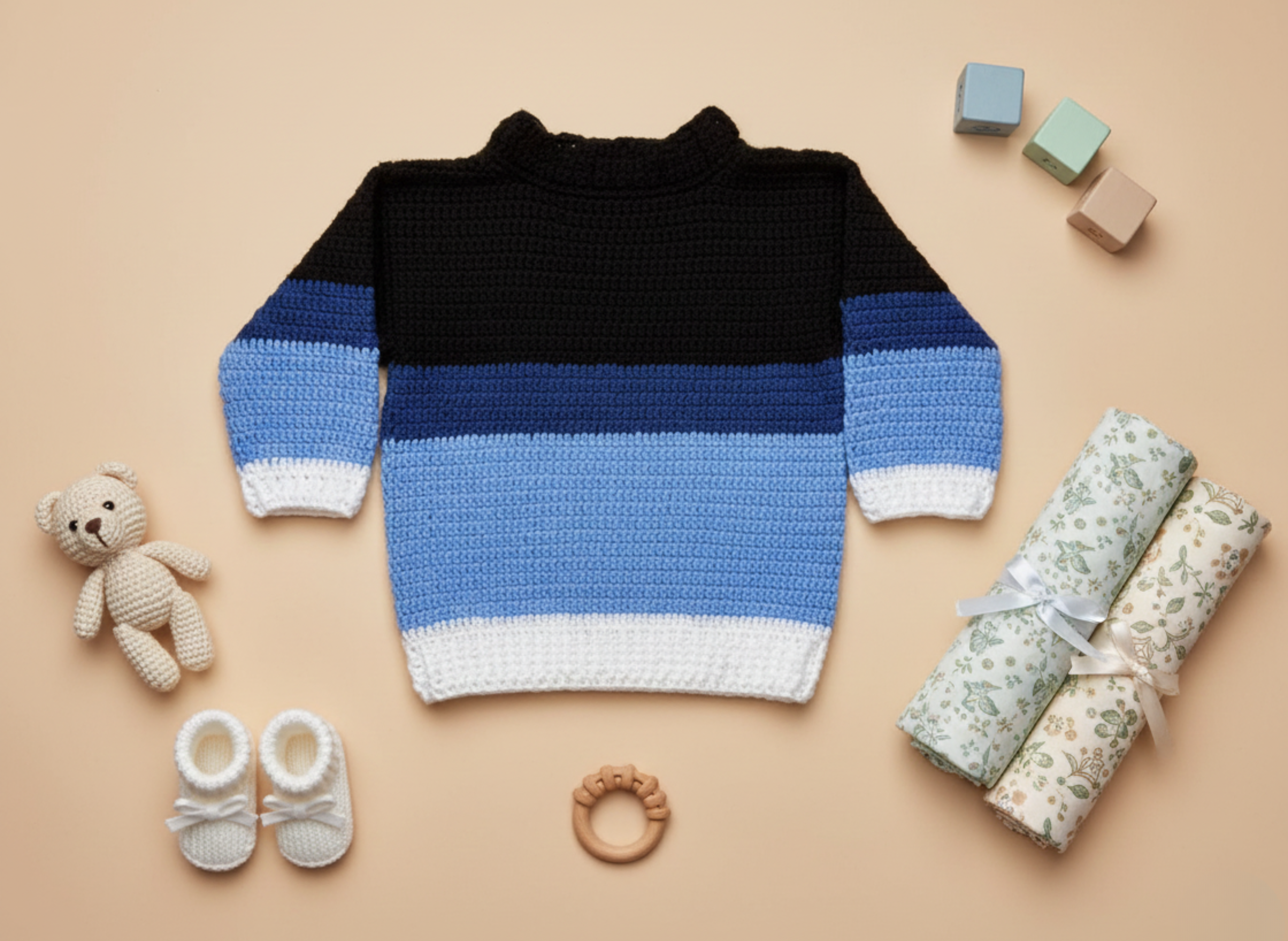 Teddytot Handmade Crochet Cardigan – Black, Blue and White Stripes