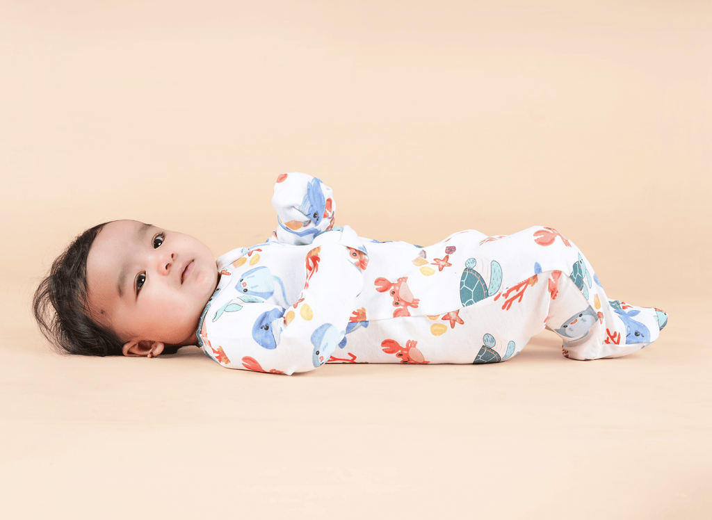 Teddytot Interlock Ocean Life Creatures Digital Print Organic Cotton Romper + Sleepsuit