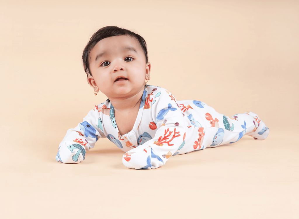 Teddytot Interlock Ocean Life Creatures Digital Print Organic Cotton Romper + Sleepsuit