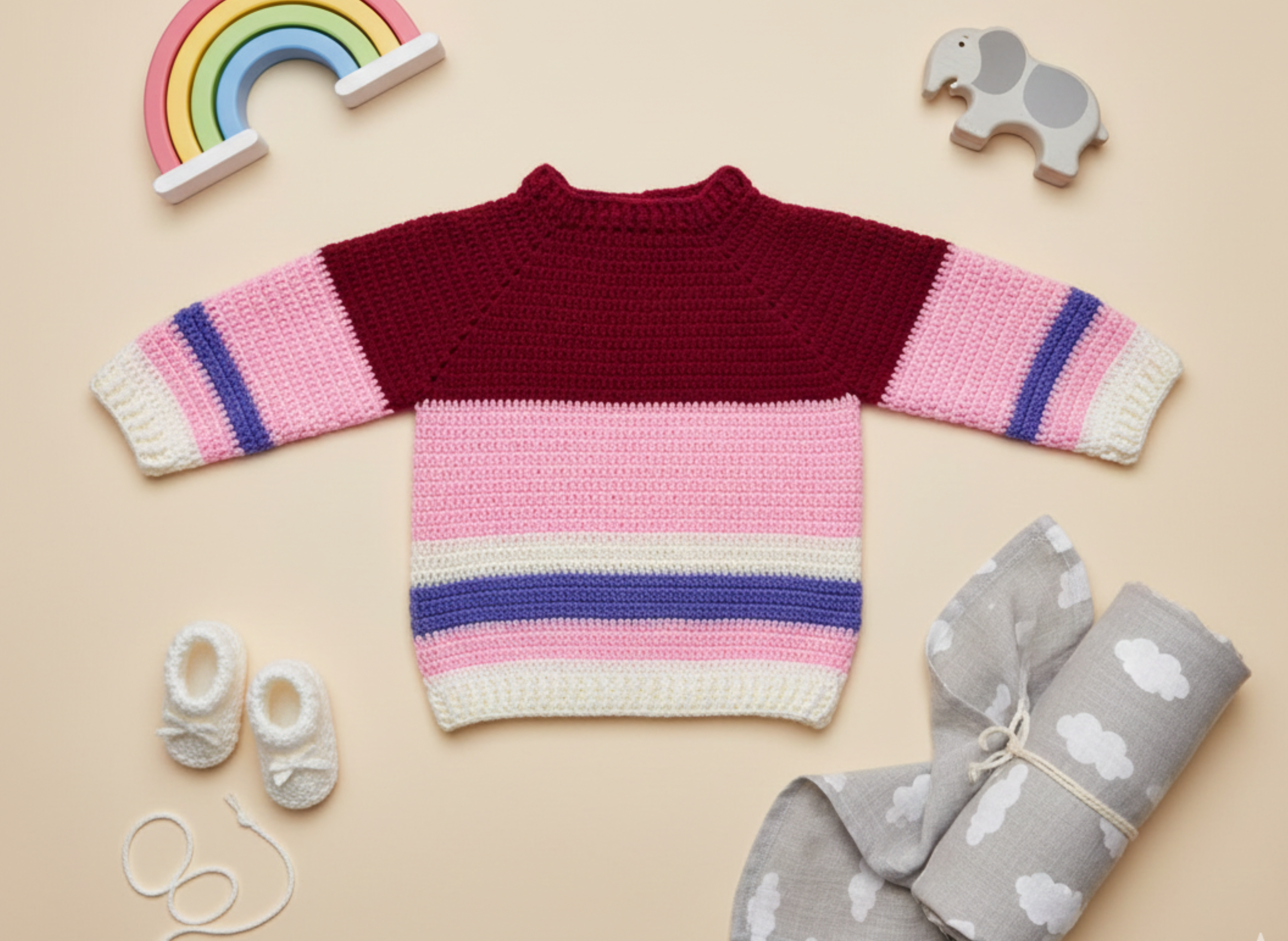 Teddytot Handmade Cardigan – Maroon, Pink and Cream Stripes