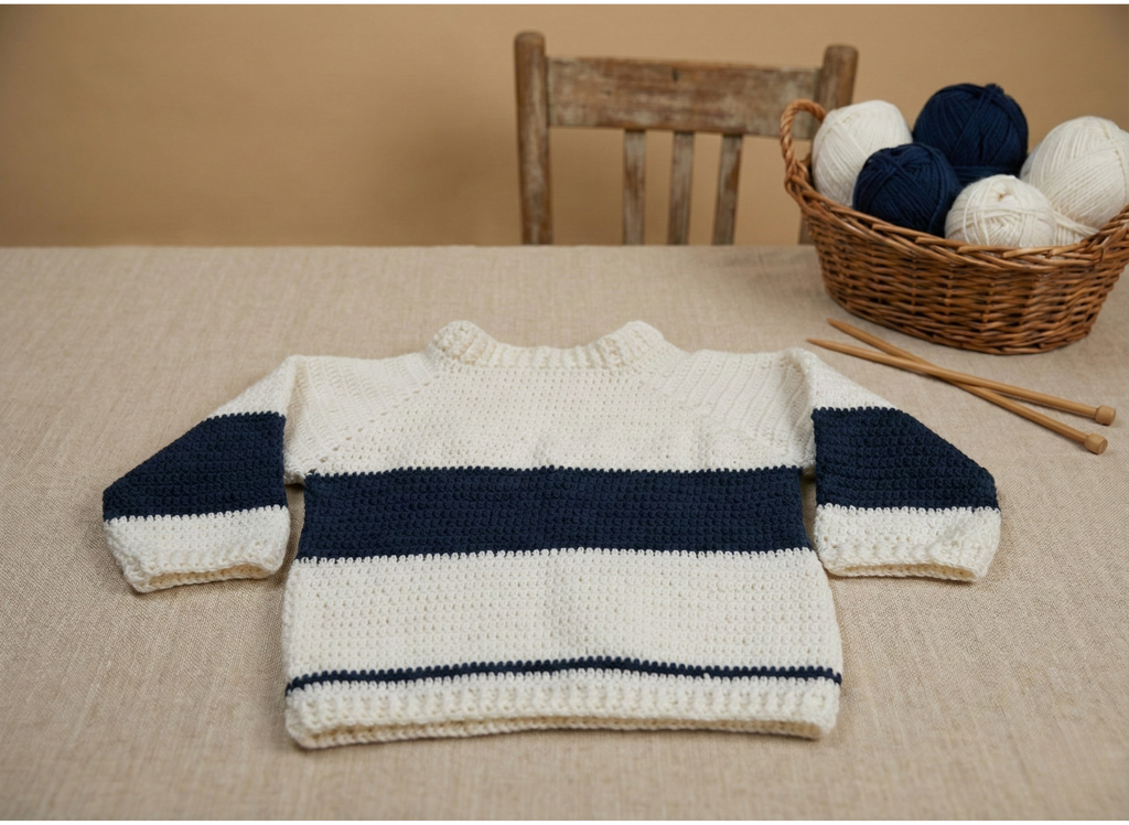Teddytot Handmade Cardigan – Navy Blue and White Stripes