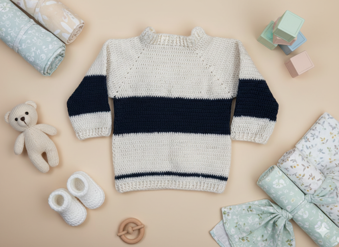 Teddytot Handmade Cardigan – Navy Blue and White Stripes