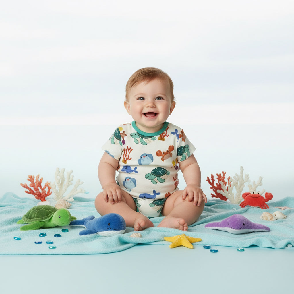 Teddytot Interlock Ocean Life Creatures  Digital Print Organic Cotton Onesie