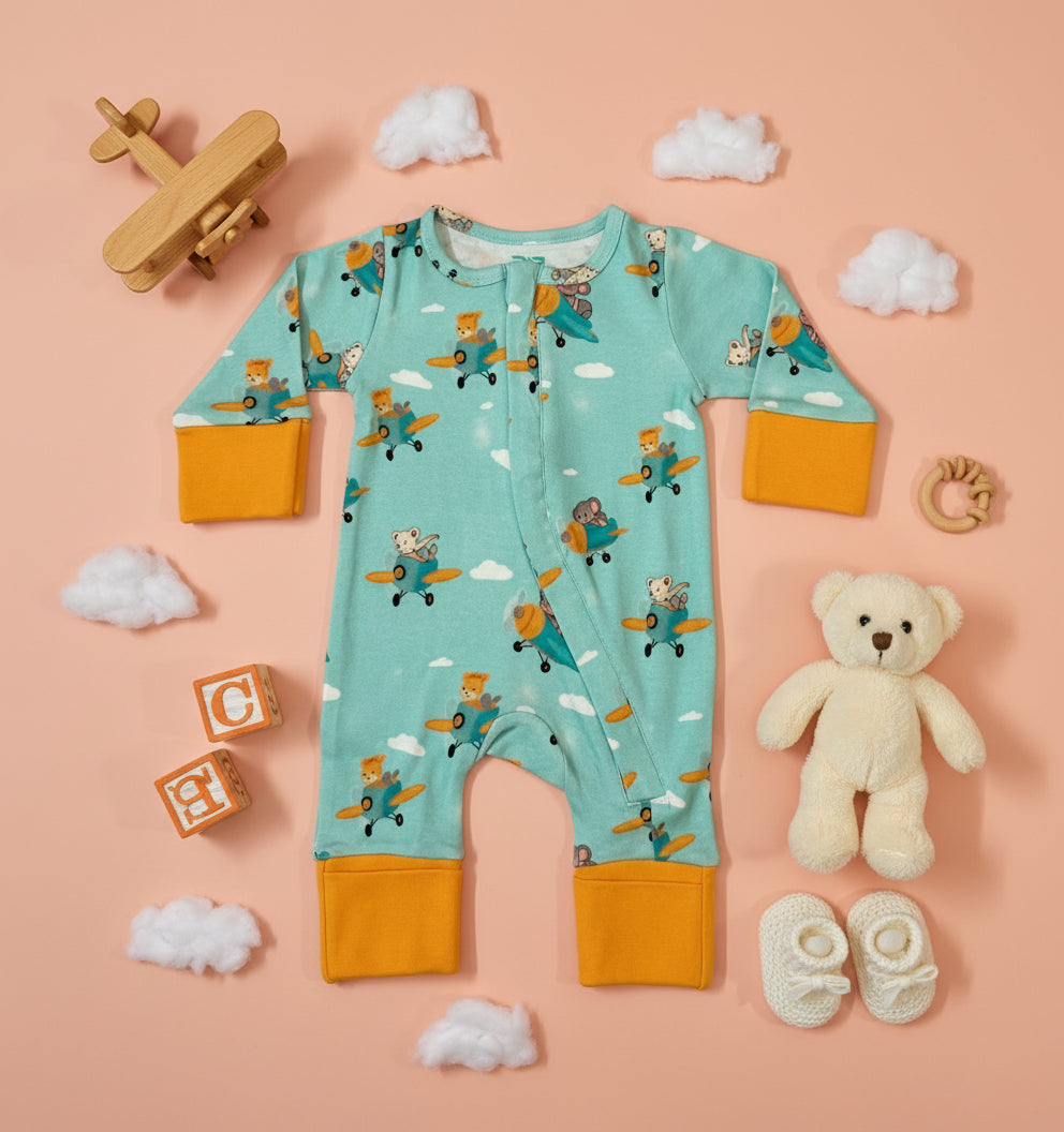Teddytot Interlock Airplane Pattern Digital Print Organic Cotton Romper