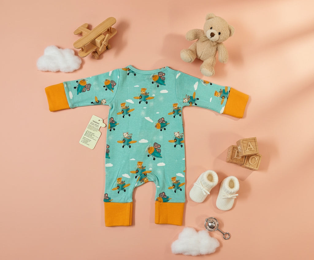 Teddytot Interlock Airplane Pattern Digital Print Organic Cotton Romper