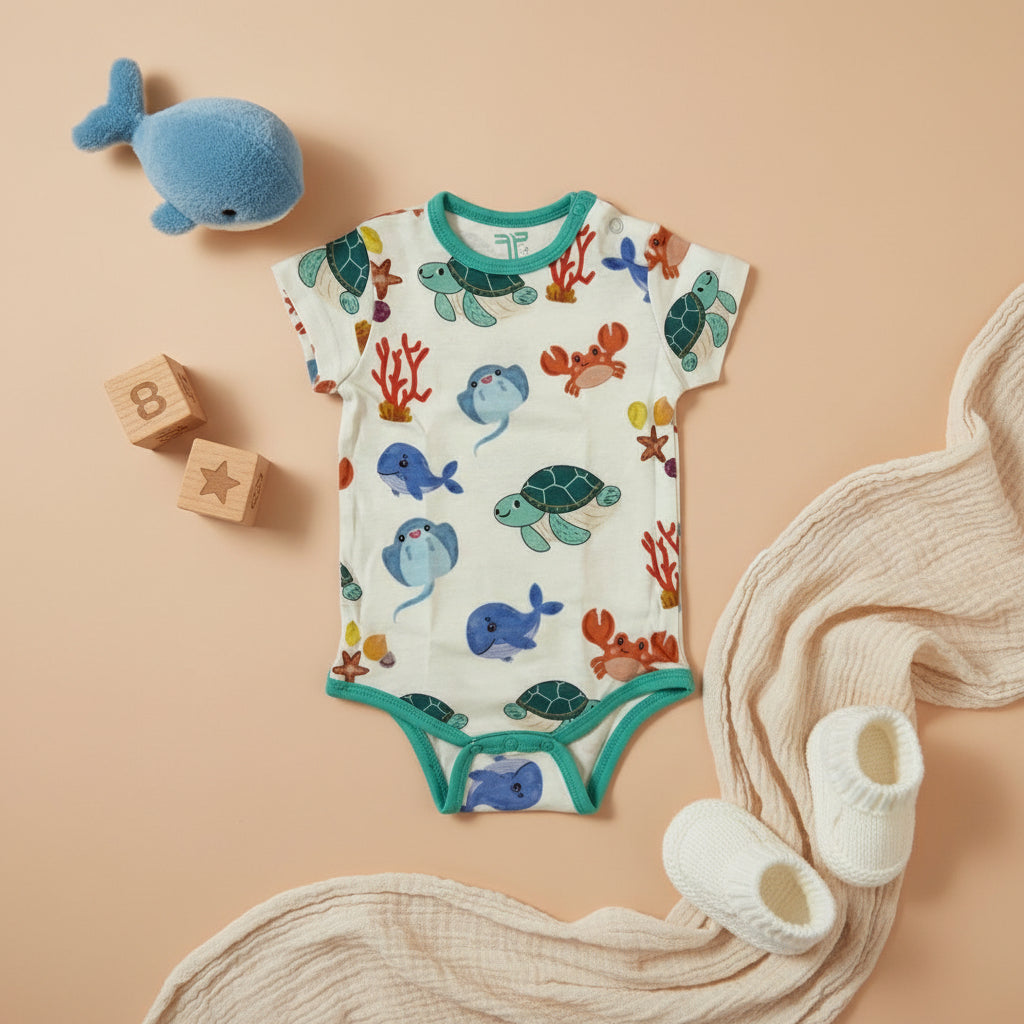 Teddytot Interlock Ocean Life Creatures  Digital Print Organic Cotton Onesie